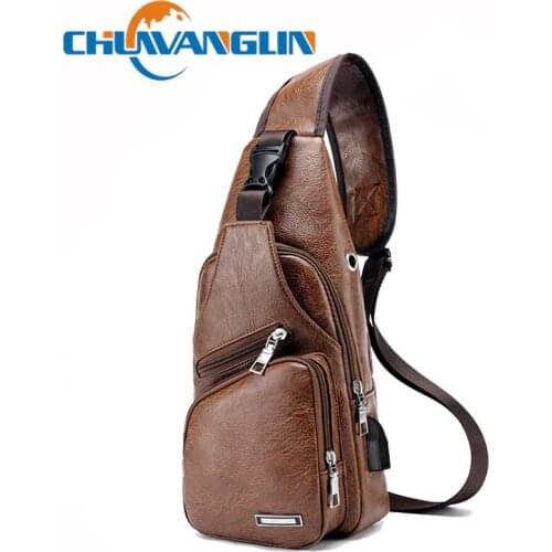 Chuwanglin USB Charging Mens Chest Bag leather Shoulder Bag Business Messenger Travel Bag sports Cross Body Bags F82003