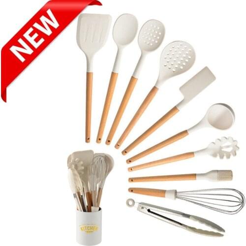 Silicone Kitchen Utensils Set Non-stick Cookware Cooking Tools Wooden Spoon Spatula Rice Spoon Cookware Kitchen Gadgets Supplies