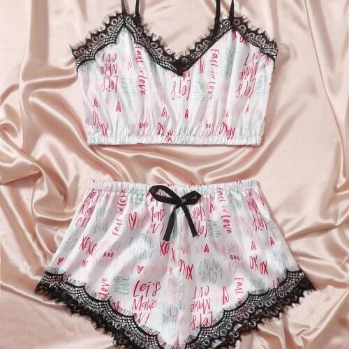 Women Sexy Two-piece Pajamas Set White Letters Printed Pattern V-neck Tops and Shorts, S/ M/ L/ XL