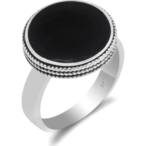 Real 925 Sterling Silver Enamel Ring for Men Women Round Black Enamel Thai Silver Ring Simple Elegant Design for Unisex Jewelry