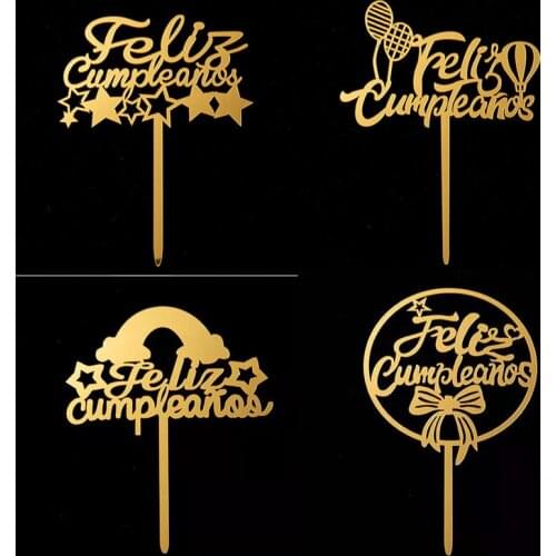 New Spanish Feliz Cumpleanos Cake Topper Acrylic Gold Happy Birthday Cake Topper for Anniversary Birthday Party Cake Decorations