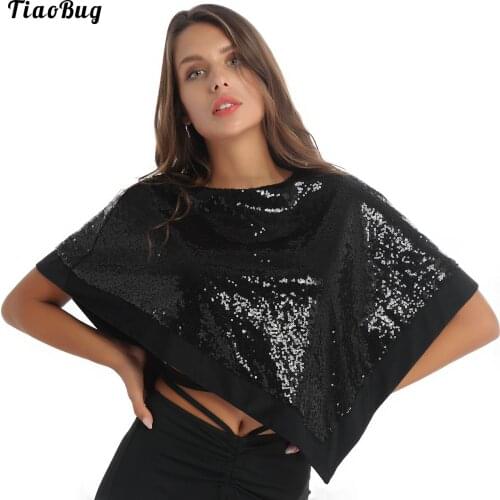 Women Shiny Sequin Cloak Round Neck Asymmetrical Hem Cape Mentel Tops For Dance Evening Party Wedding