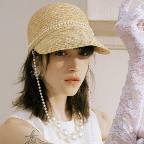 Handmade Women Ultrabraid Sun Visor Cap Elegant Peals Necklace Straw Hat Summer Brim Sun Beach Hat Kuntucky Derby Hat Travel Cap