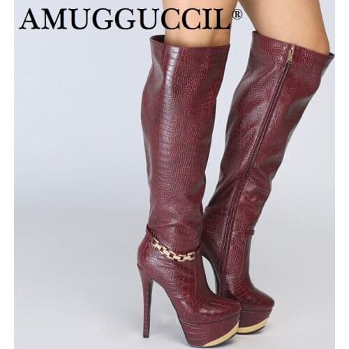 Customize Plus Big Size 35-52 Wine red Buckle Zip Knee High Heel Platform Autumn Winter Girl Ladies Females Women Boots X1754
