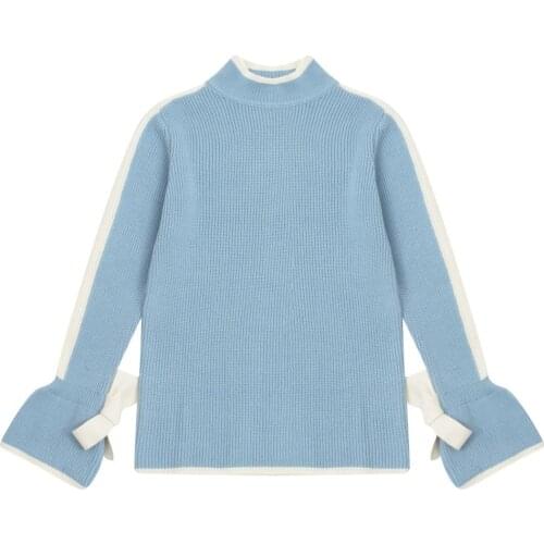 2018 Autumn Winter New Design Women Pullover Sweater Sweet Style Bow Tie Sleeve Black White Knitted Pullovers Tops Long Sleeve