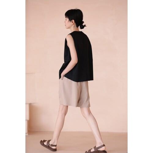 21 summer new minimalist split loose three dimensional washable cotton commuting black sleeveless vest top 0626-2