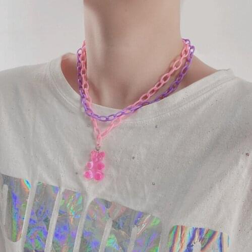 VSnow Summer Double-Layer Multicolor Little Bear Pendant Necklace for Women Chunky Chain Contrast Color Necklace Jewellery