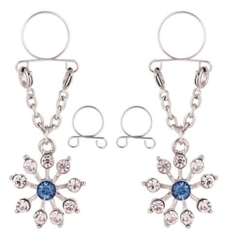 Sexy Flower Non pierced Clip On Nipple Ring Women Nipple Crystal Fake Nipple Shield With Tassel Dangle Adjustable Body Jewelry