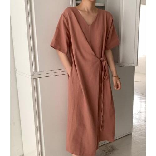 Women Summer Cotton Linen V Neck Lacing Plus Size Long Dress Short Sleeve Pullover Cozy Loose Dresses with Pocket Solid Color