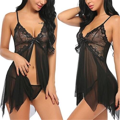 Womens Sexy Lingerie Sleeveless See-through Lace Night Dress G-string Set Sleepwear Nightdress Erotic Costume Womens Underwear