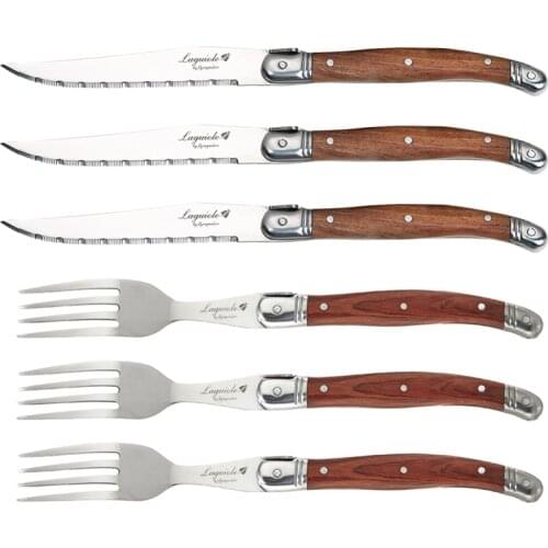 6pcs Laguiole Style Steak Knife Dinner Knives Fork Wooden Dinnerware Set Japanese Tableware Stainless Steel Cutlery Restaurant