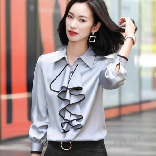 Ruffle Shirt Women Autumn 2020 New Design Satin Long Sleeve Temperament Chiffon Blouses Office Ladies Formal Work Tops