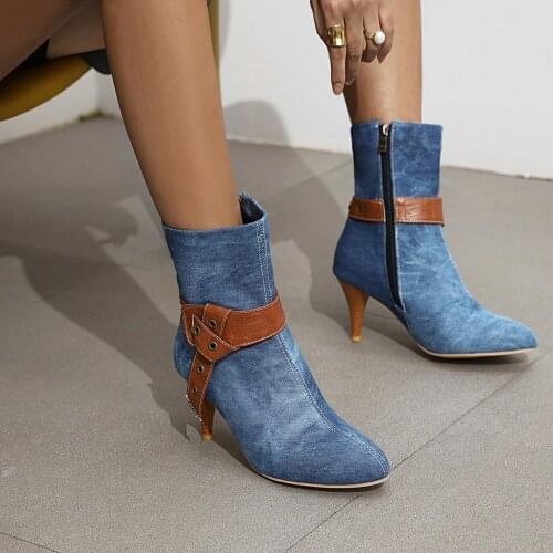 Elegant Fashion Ladies Ankle Boots Female Vintage Belt Buckle Spring Autumn Women Shoes Footwear Pointed Toe Women Denim Boots