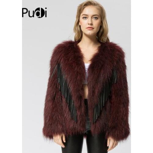 CR051 Womens Knitted Real Raccoon Fur Coat Jacket Overcoat With PU Leather Tassels