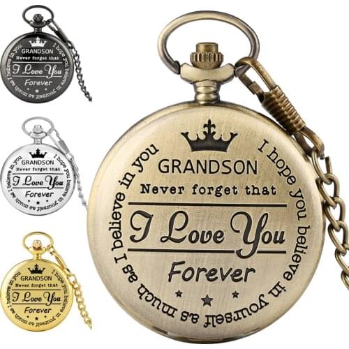 To My Grandson I Love You Forever Personalized Analog Quartz Pocket Watch for Boy Kids Fob Clock Pendant Chain Roman Number Gift