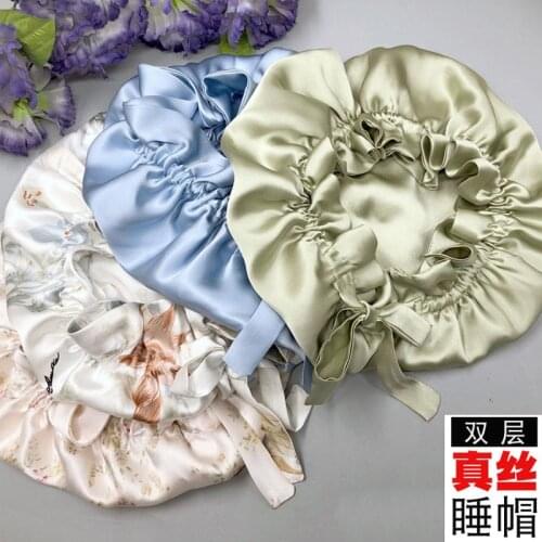 Double Layers Pure Silk sleeping Cap Women Flounced Brand Solid Mulberry Silk Night Sleep Cap Elegant Hair Care Accessories