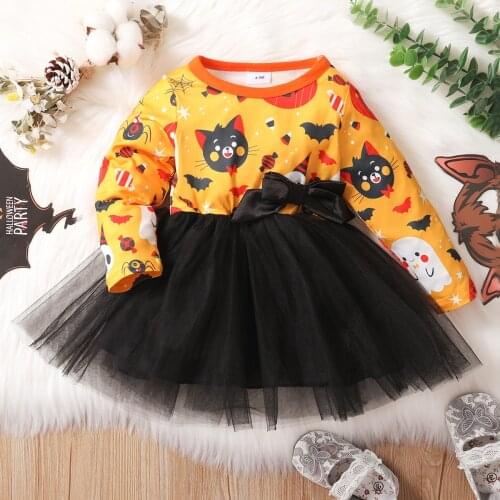 Halloween Kids Baby Girl Bow Cotton Dress Bat Print Long Sleeve Dress Cute Casual Costume for 0-3 Years Girls