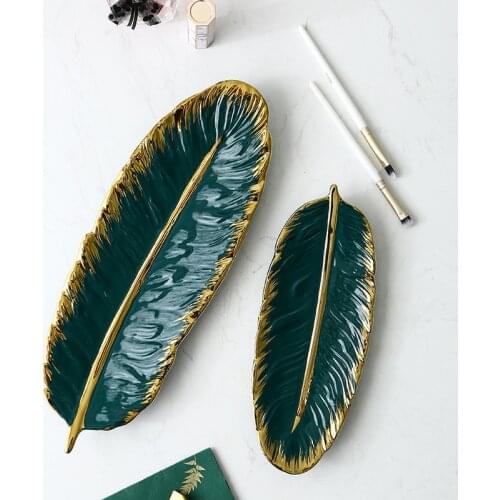 Ceramic Plate Green Banana Leaf Shape Gold Porcelain Appetizer Dessert Jewelry Plate Dish Dinnerware