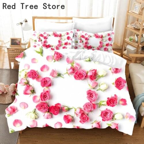 Flower Pink Rose Bedding Set Luxury Comforter Duvet Cover with Pillowcases 2/3pcs Bedding Sets Bed Linen King Queen Single Size