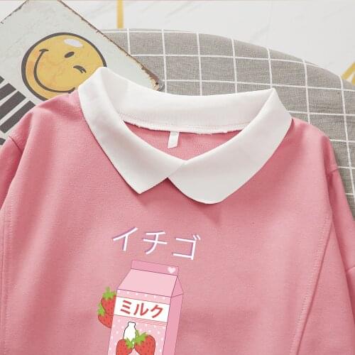 Cute Pink Cartoon Drink Sweatshirt Turn-down Collar Japanese Oversized Long Sleeve Hoodie Kawaii Pocket Women Sweatshirts