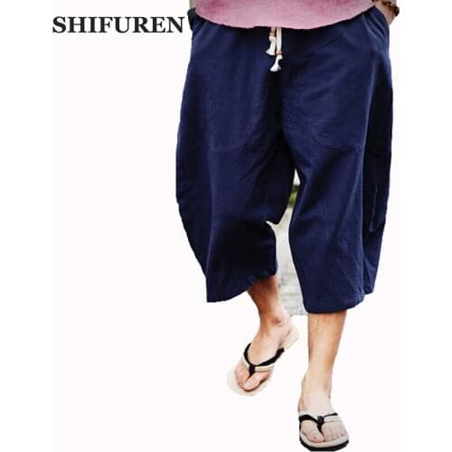 SHIFUREN Summer 2019 Loose Men Capri Pants Linen Cotton Harem Pants Wide Leg Comfortable Male Short Trousers Beachwear Plus Size