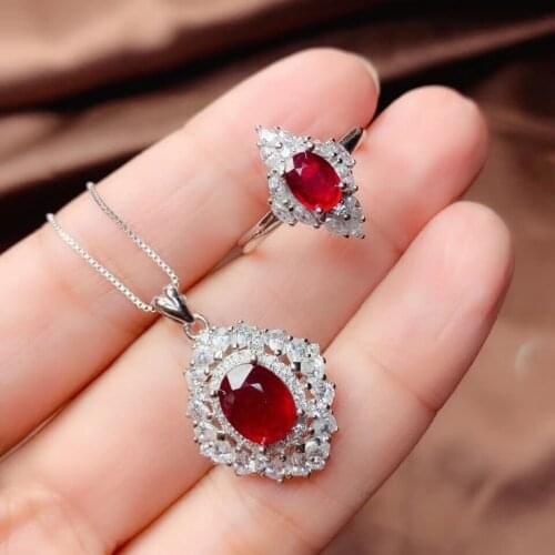 Charming red ruby ring and necklace jewelry set for women real 925 silver natural gem birthstone good luck girl party present