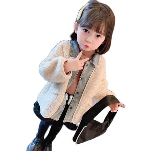 Girls autumn and winter clothes denim stitching jacket new Korean version of lamb hair girl foreign style baby thick coat
