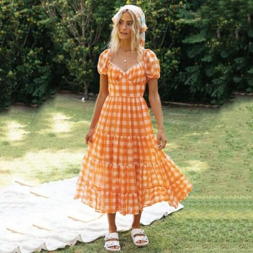 Ardm Elegant Boho Plaid Ruffle Summer Dress Short Sleeve High Waist Woman Dress Square Neck Backless Lace Up Ladies Party Dress