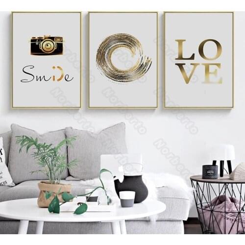Nordic Style Canvas Painting Posters Prints Golden Letters Love and Smile Abstract Circle Camera for Home Rooms Wall Decoration