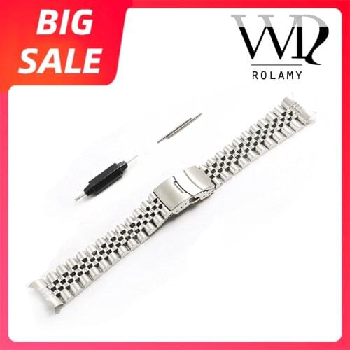 Rolamy 20 22mm Silver 316L Steel Watch Band VINTAGE Jubilee Bracelet Clasp Hollow Curved End Solid Screw Links For Rolex Seiko