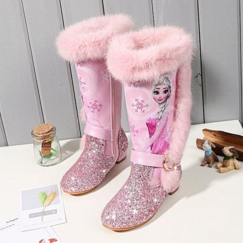 Disney Girls Fashion Elsa Boots Kids Princess PU Leather Waterproof Children Warm Cotton Boots Kids Big Girls Boot