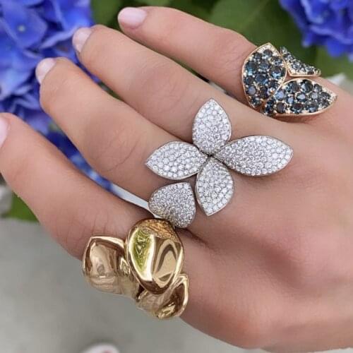 Iced out bling fashion women jewelry micro pave 5A cz big flower open adjusted finger ring big luxury jewelry