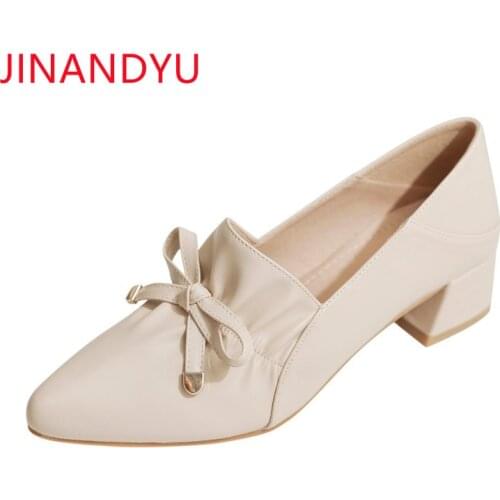 Bow Kitten Heels Women Pumps Leather Shoes Woman Elegant Dress Office Wear Block Heels Women Fashion Beige Spring Autumn Heels