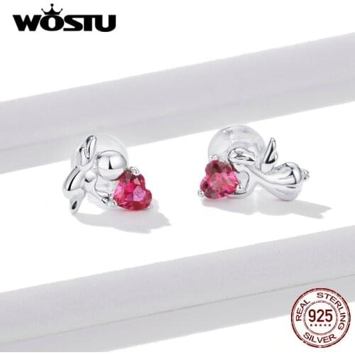 WOSTU Angel Pink Zircon Heart Stud Earrings 925 Sterling Silver Small Earrings For Women Wedding Engagement Jewelry Gift FNE367