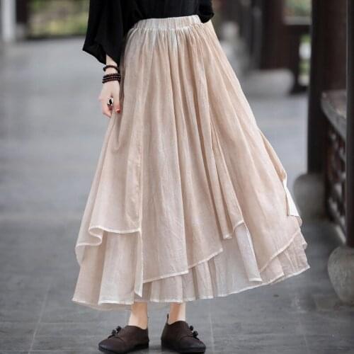 QPFJQD Ladies Irregular Skirt Cotton Linen Elastic Waist Solid Color Patchwork 2021 Summer Autumn Women Simple Skirts Elegant
