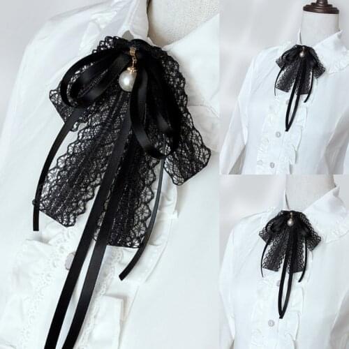 Women Black Lace Ribbon Bow Tie Pearl Pendant Brooch Pin Necklace Jabot Collar F3MD
