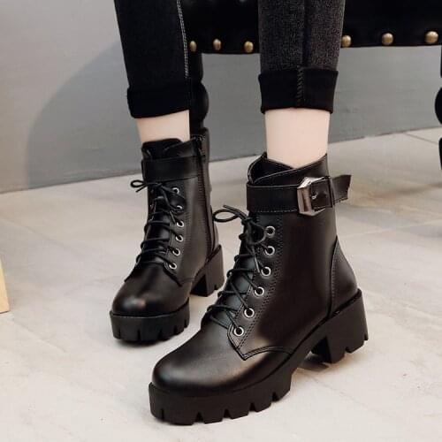2021 Black Platform Combat Ankle Boots For Women Lace Up Buckle Strap Woman Shoes Winter Biker Boots Women Sneakers