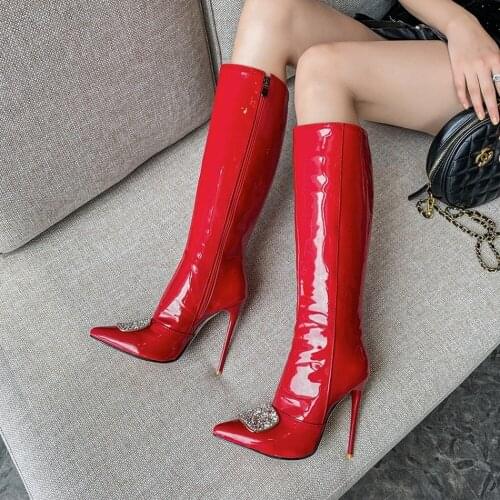 US4-13 Womens Pointy Toe Patent Leather Knee Thigh Boots Rhinestones Crystal Stilettos High Heel Shoes Riding Plus Size 3Colors
