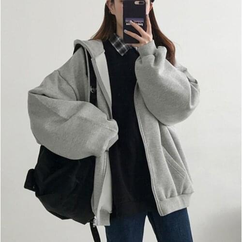 Oversized Hoodies Women Warm Solid Sweatshirt Harajuku Long Sleeve Pockets Zipper Jackets Autumn Winter Korean Style Streetwear