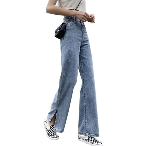 Womens Thin Straight Loose Mopping Trousers Autumn 2021 New Wide-Leg Pants Split High-Waisted Jeans