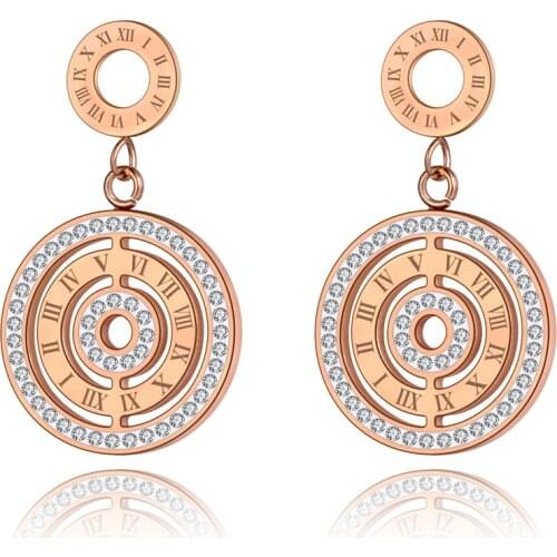 Vintage 316L Stainless Steel Roman Numerals Earrings Bohemia Rhinestone Stud Earrings Jewelry For Women Серьги E20047