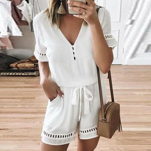 2019 High Quality Womens V Neck Mini Playsuit Summer Solid Short Sleeve Drawstring Casual Holiday Street Jumpsuit Romper Shorts