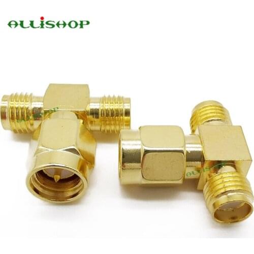 100Pcs SMA Male to Female Adapter SMA Plug Male To 2 SMA Jack Female T Type RF Connector Triple Brass Gold Plating
