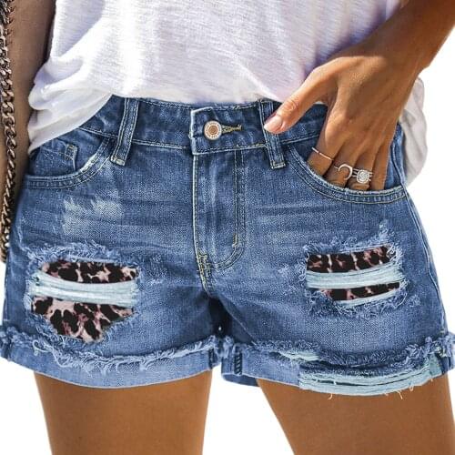 2021 New Womens Shorts, All-Match Stitching Print Short Jeans with Pockets for Vacation Dating Party Travel Fashion