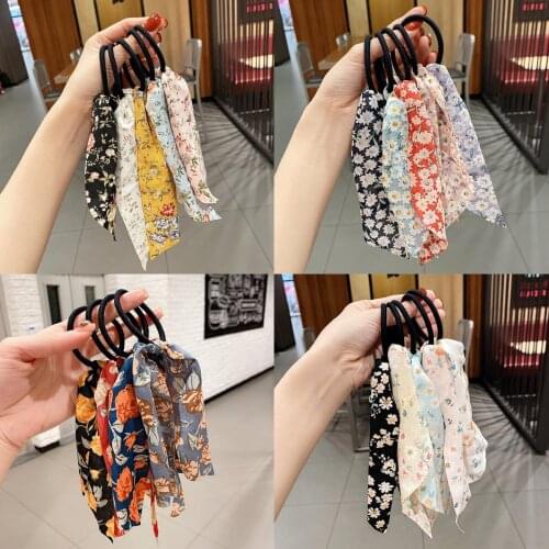 Lot 5 Pcs Women Floral Ponytail Scrunchies Scarf Elastic Hair Band Knotted Streamer Ties Silky Satin Hair Rope Accessories