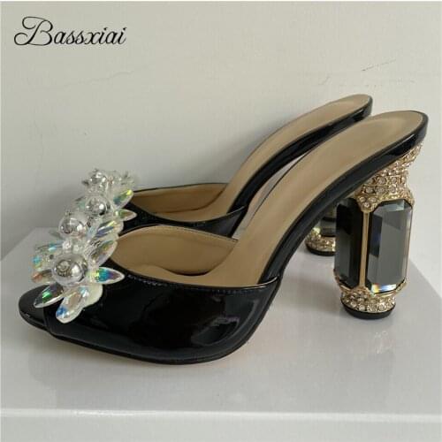 Diamond Rhinestone Flower Sandals For Girls Women Crystal Jeweled High Heel Slingbacks Peep Toe Summer Mules Lady
