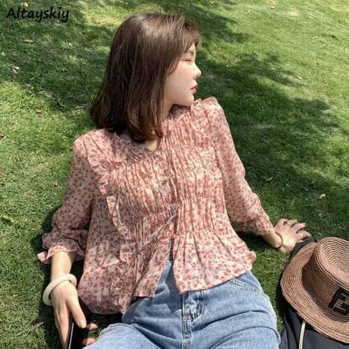 Blouses Women Temperament Leisure Floral Summer Spring New Feminino Chic Tops Floral Retro All-match V-Neck Woman Shirts Ruffles