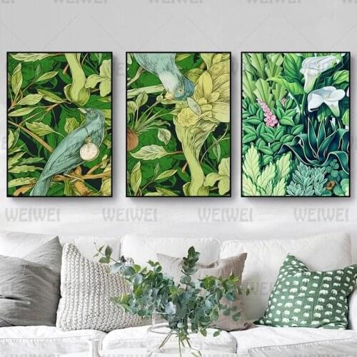 Nordic Green Plant Canvas Painting Poster and Print Wall Art Tropical Plant Leaf Flower Bird Pictures for Living Room Home Decor