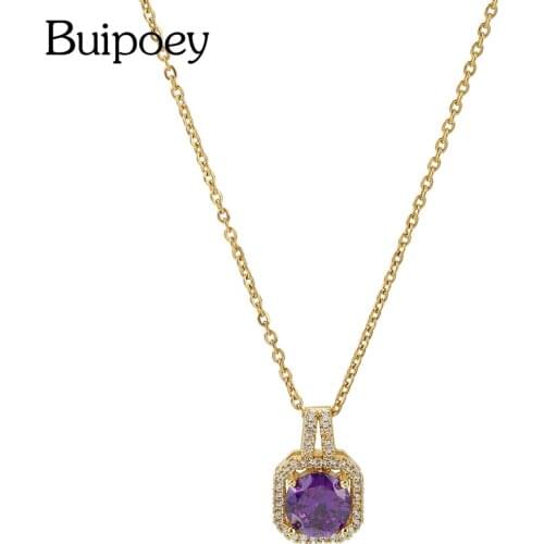 Buipoey Exquisite Stainless Steel Chain Purple Cubic Zirconia Golden Pendant Necklace For Women Crystal Square Charm Necklace