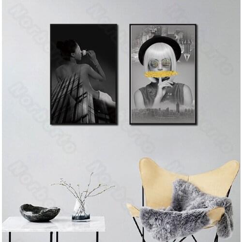 Modern Style Canvas Painting and Posters Charming Women and Modern Building Mixture with a Little Golden for Home Rooms Decoratu